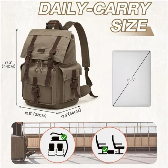 Men’s Leather Canvas Backpack Large Bag Green - Picture 3 of 6